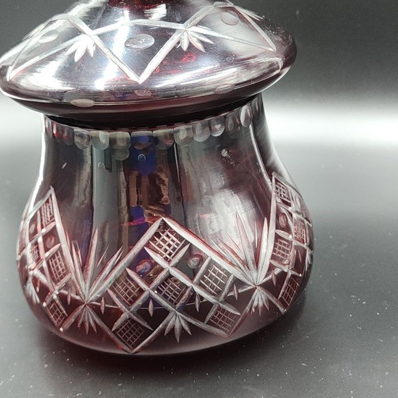 Vintage Bohemian Czech Ruby Red Cut to Clear Glass Canister Jar with Lid 9" tall - Picture 5 of 11